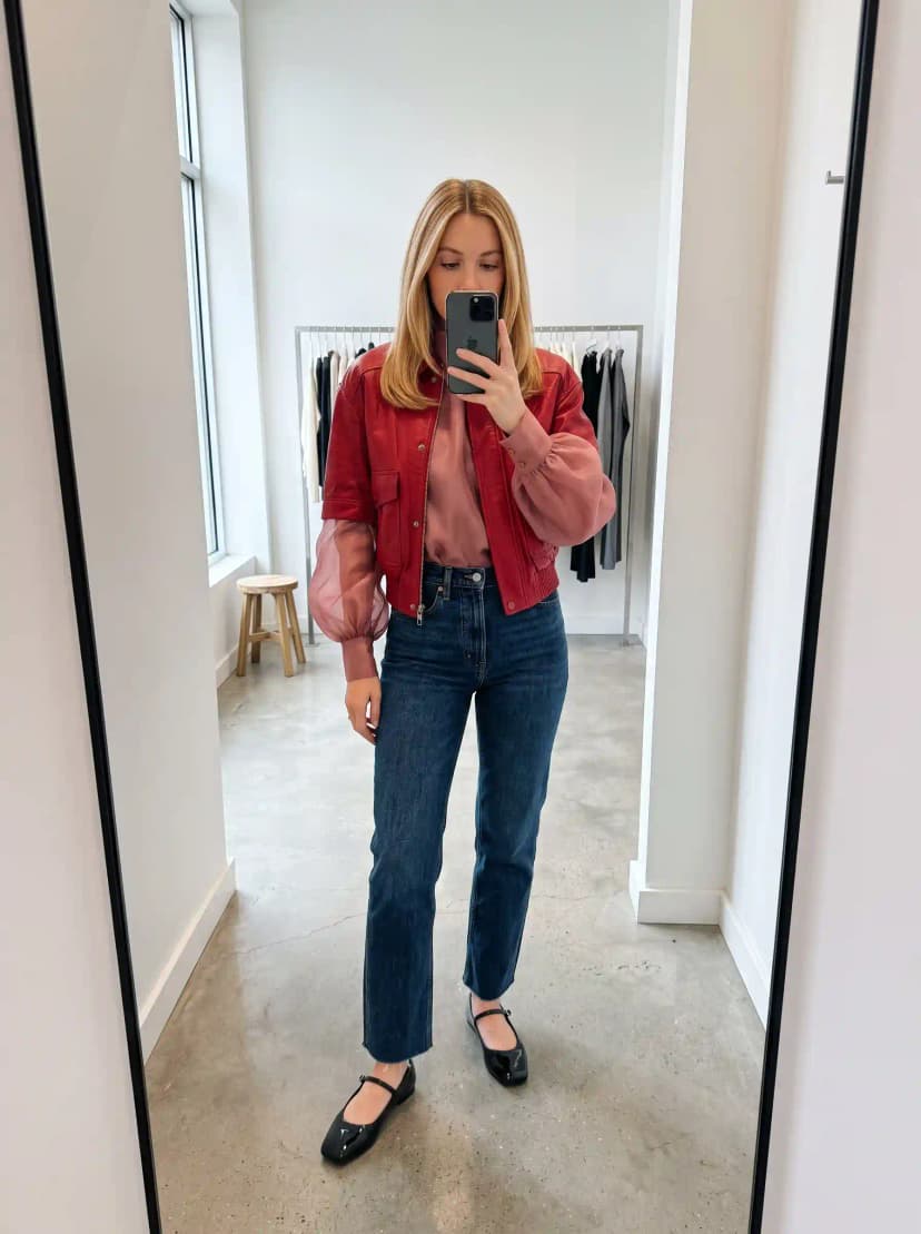 Red Leather Jacket + Pink Blouse + Dark Wash Jeans