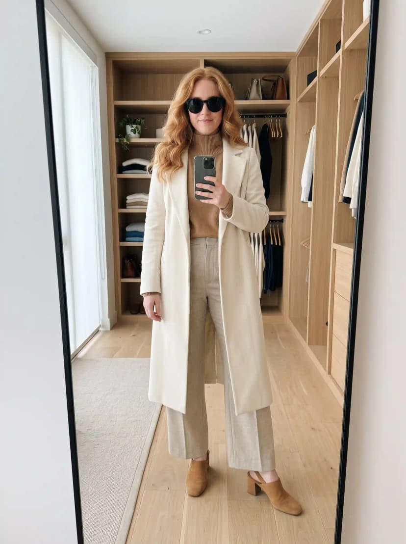 Cream Coat + Tan Turtleneck + Cream Trousers