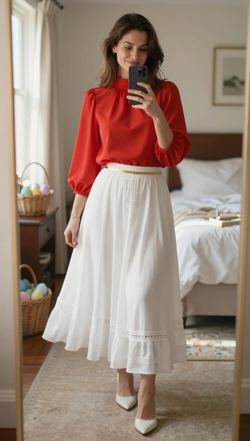 Red Crepe High Neck Blouse + White Eyelet Cotton Maxi Skirt + Gold Skinny Belt + White Pointed Toe Heels