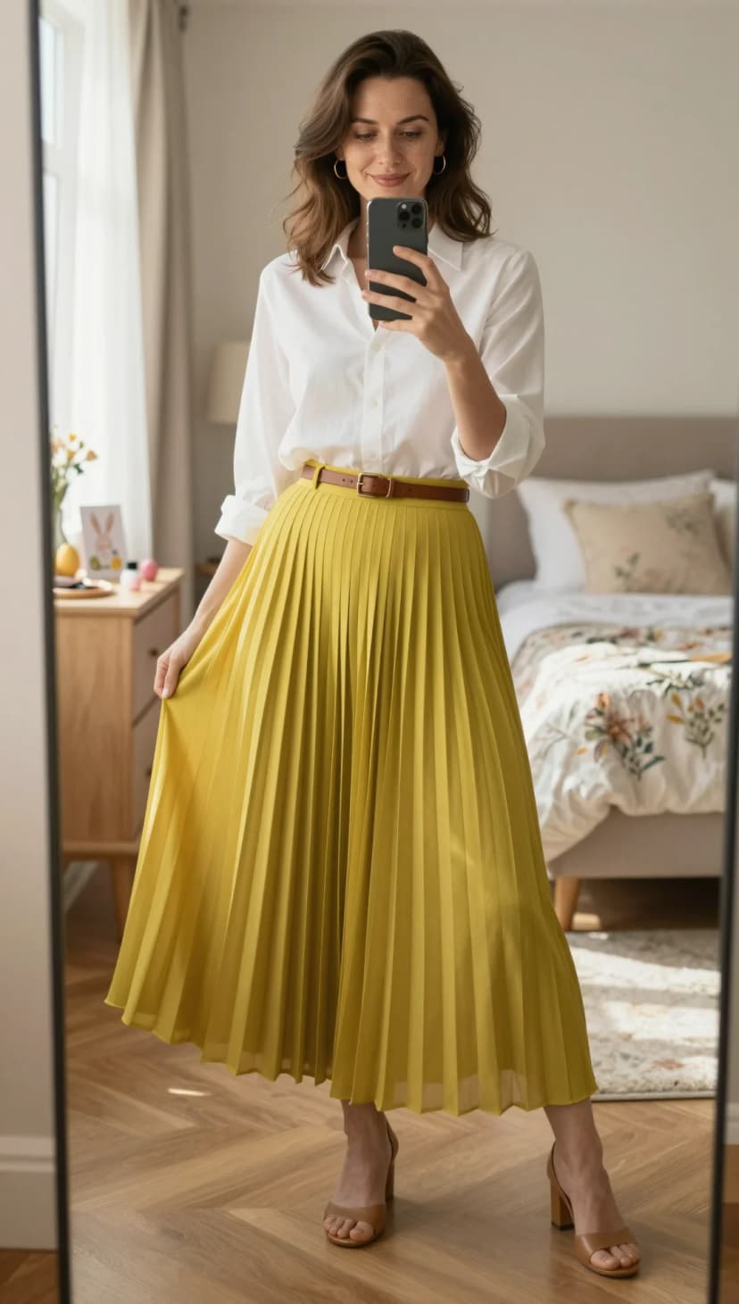 White Poplin Button-Down + Yellow Chiffon Pleated Maxi Skirt + Brown Leather Belt + Tan Block Heels
