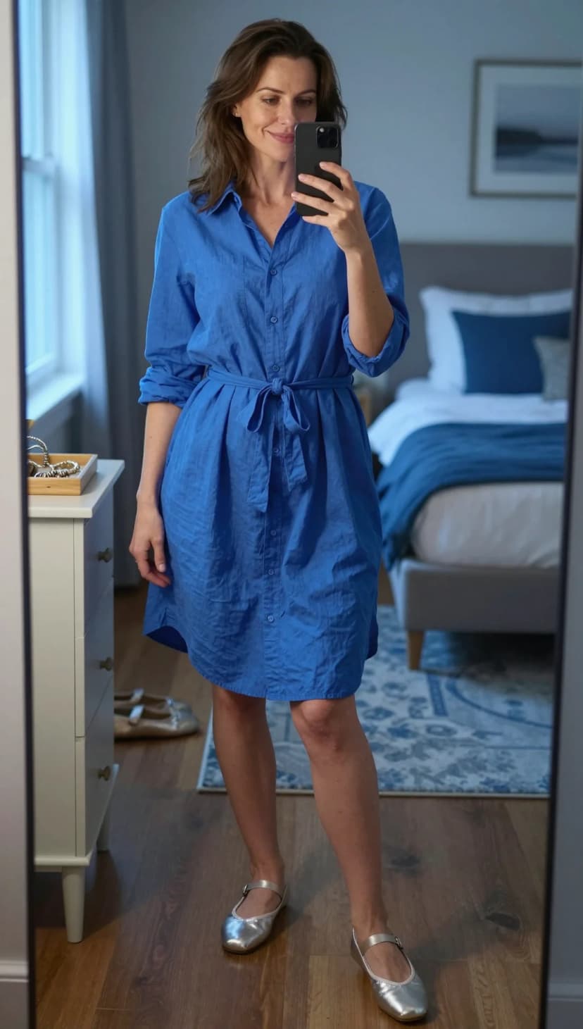 Royal Blue Linen Shirt Dress + Silver Ballet Flats