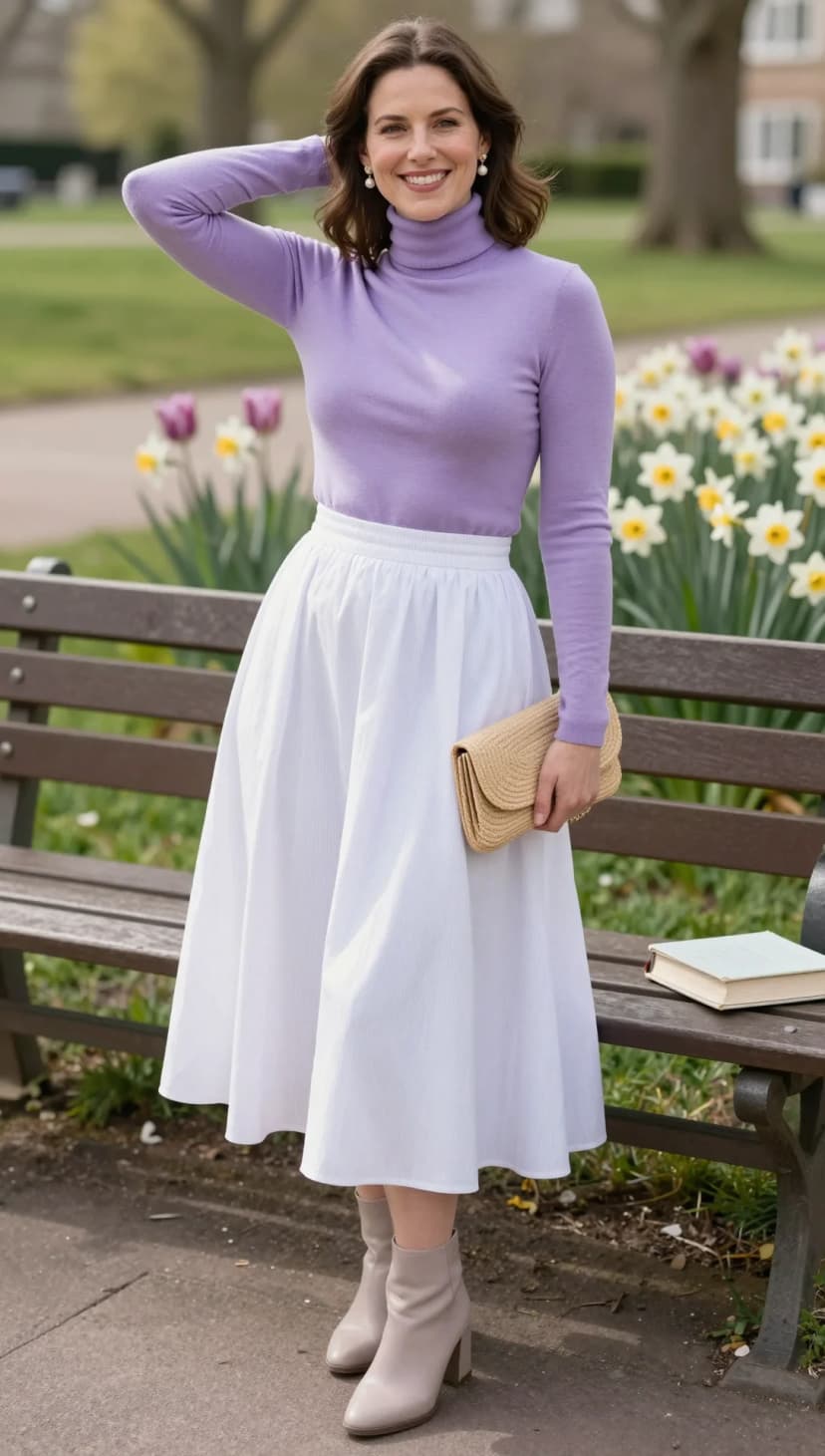 Lavender Ribbed Knit Turtleneck + White Striped Midi Skirt + Beige Block Heel Booties