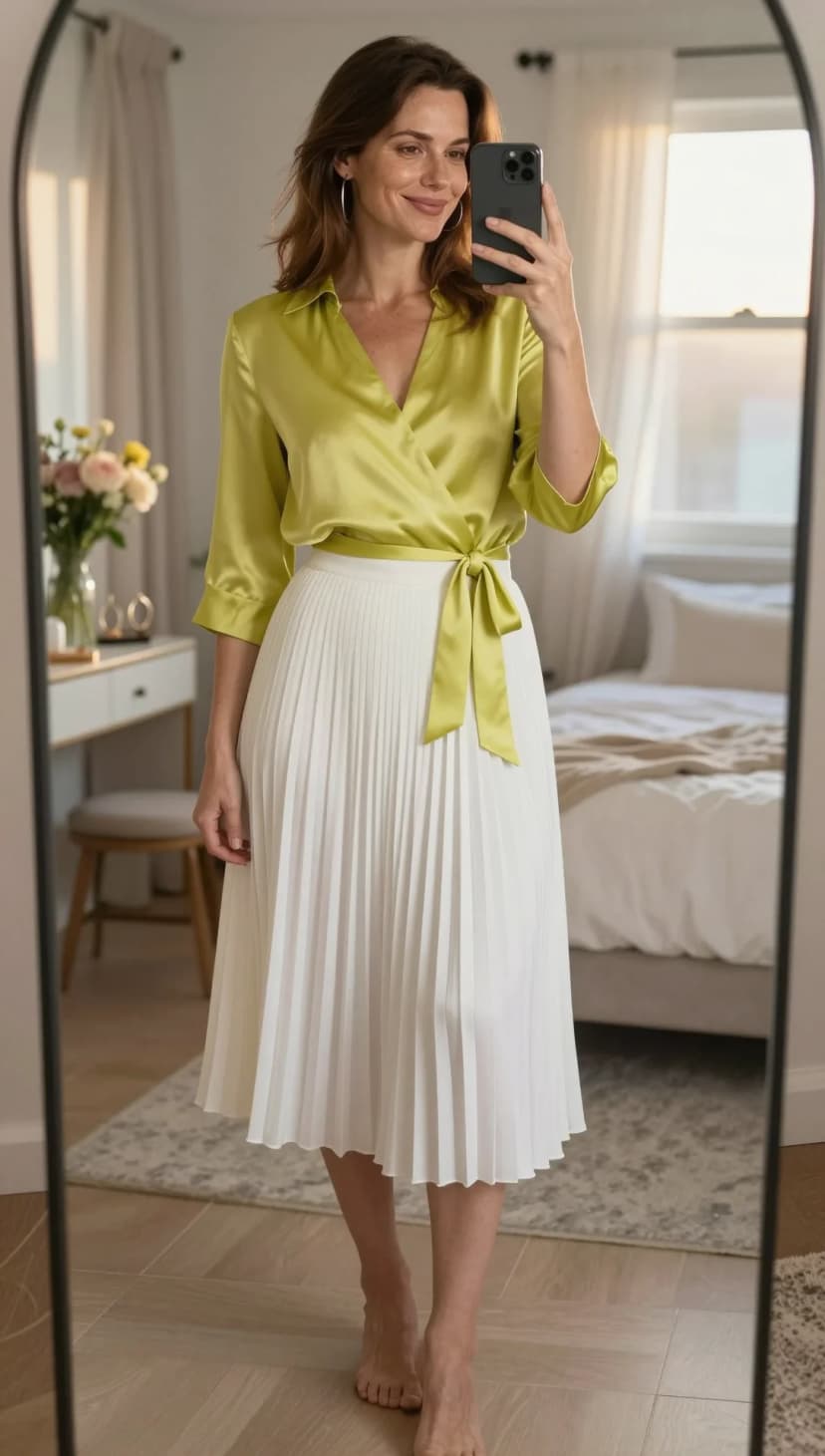 Lime Green Satin Wrap Top + White Pleated Midi Skirt