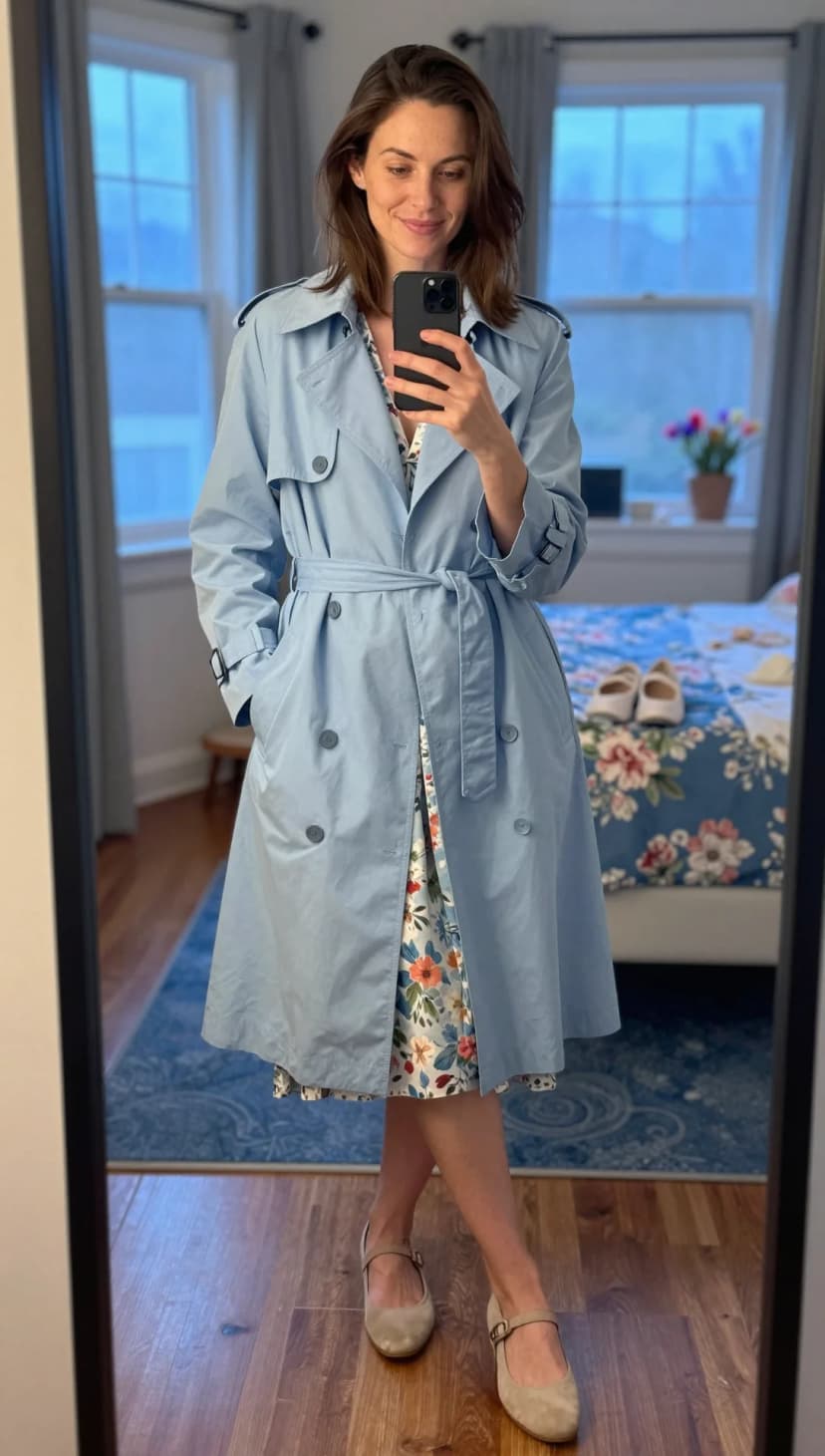 Light Blue Cotton Trench Coat + White Floral Print Midi Dress + Taupe Suede Mary Jane Flats