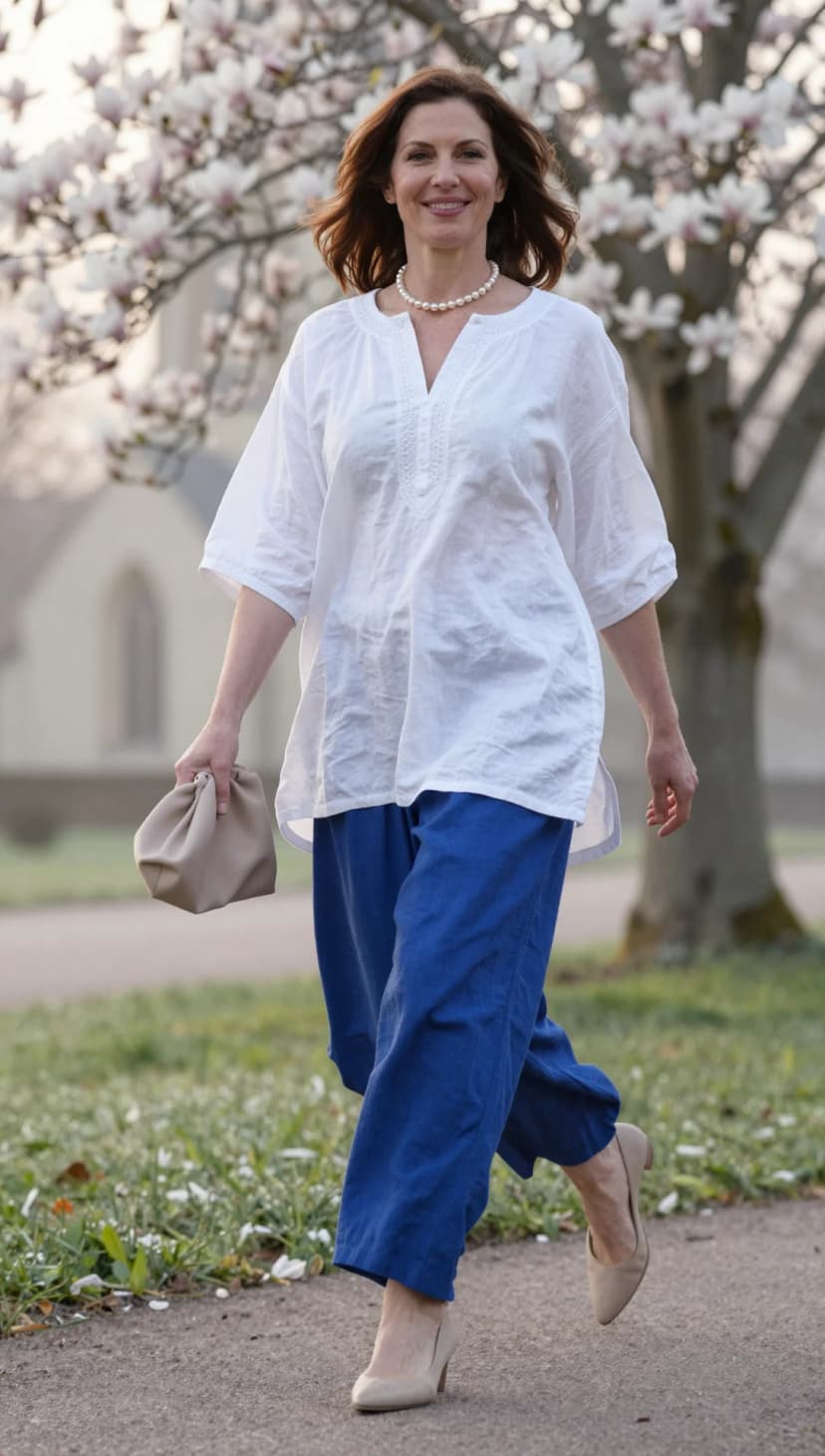 White Cotton Tunic + Royal Blue Linen Trousers + Taupe Suede Pumps