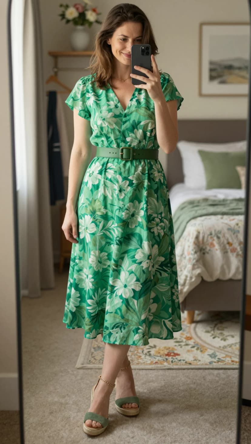 Green Floral Print Midi Dress + Green Leather Belt + Sage Espadrille Wedges