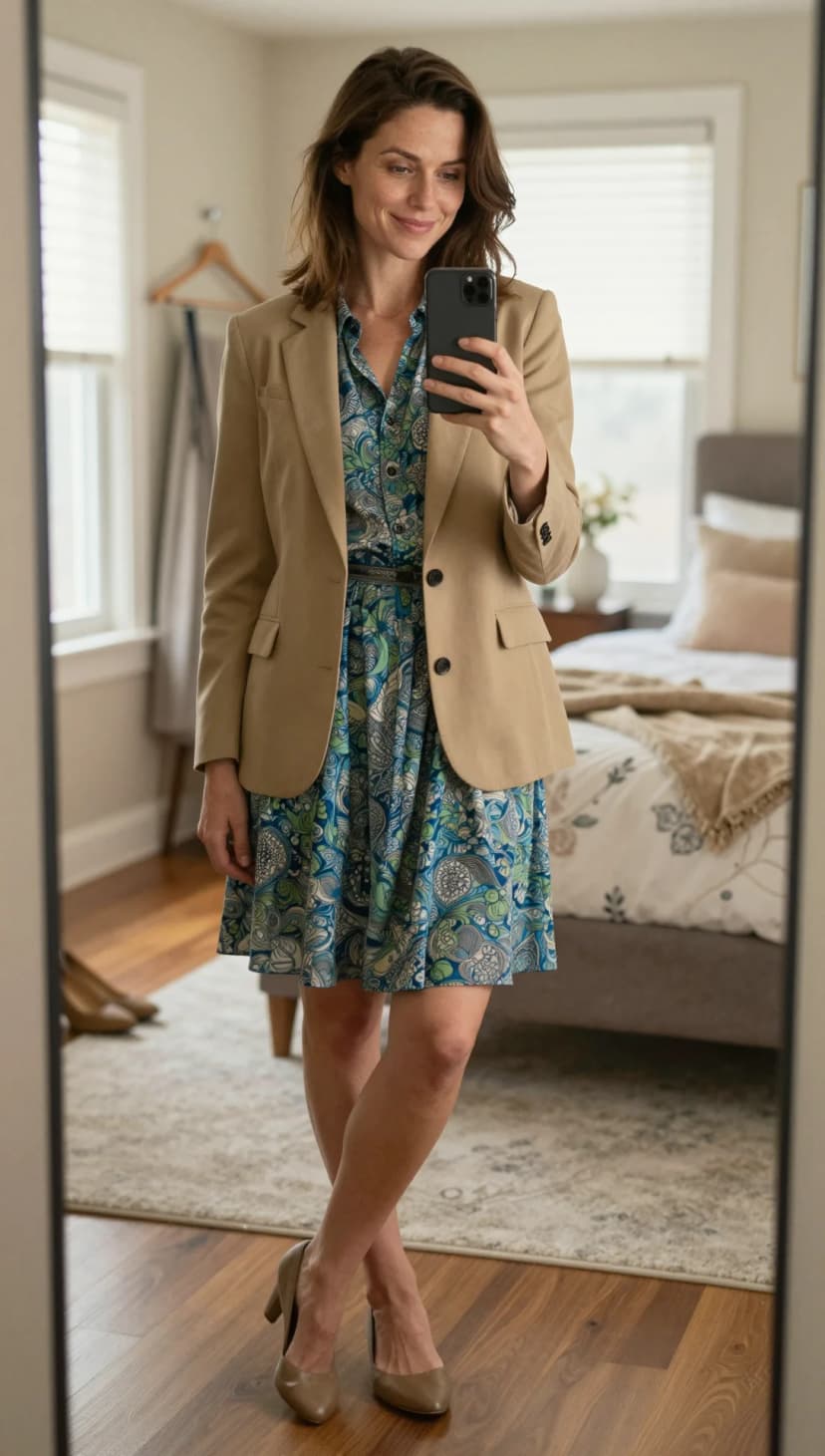 Tan Cotton Blazer + Blue Paisley Print Dress + Taupe Leather Heels