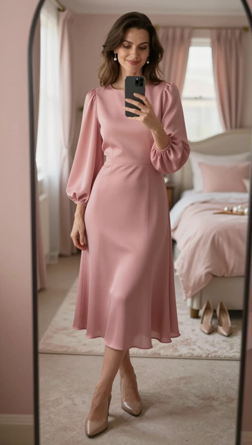 Pink Satin Midi Dress + Nude Pointed Pumps