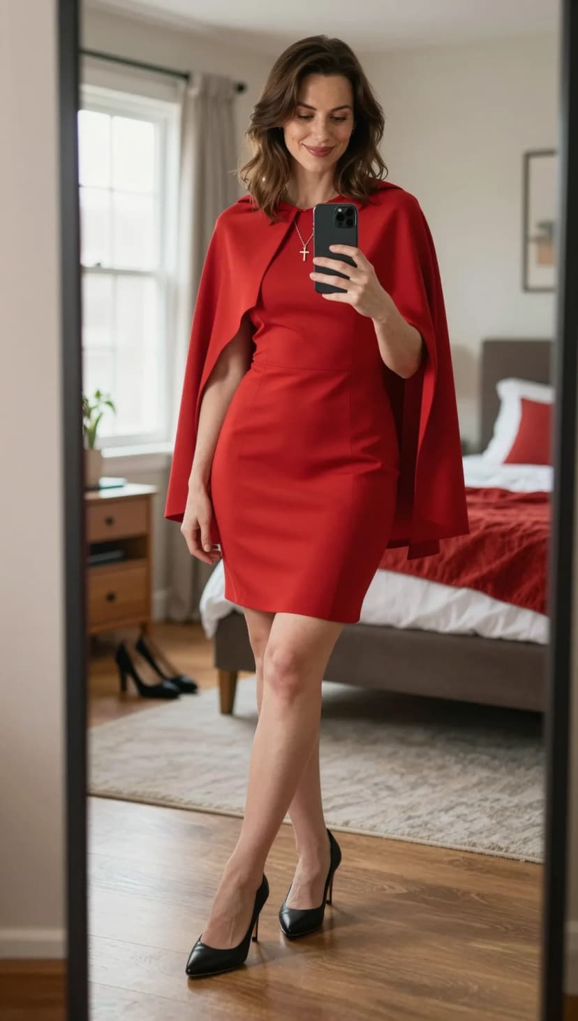 Red Cape Dress + Black Pointed-Toe Heels