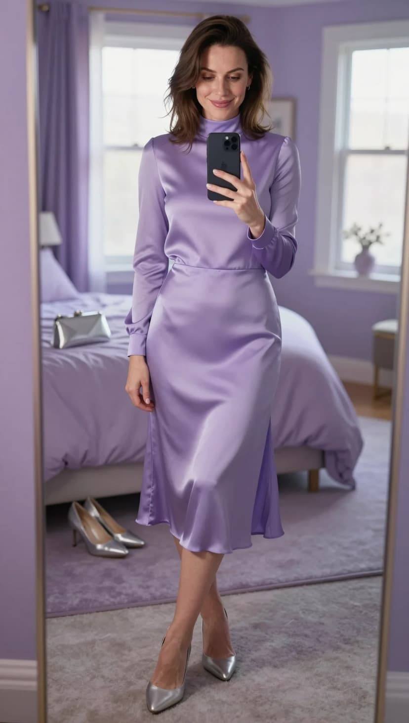 Lilac Satin Mock Neck Midi Dress + Silver Pointed Toe Heels + Silver Clutch
