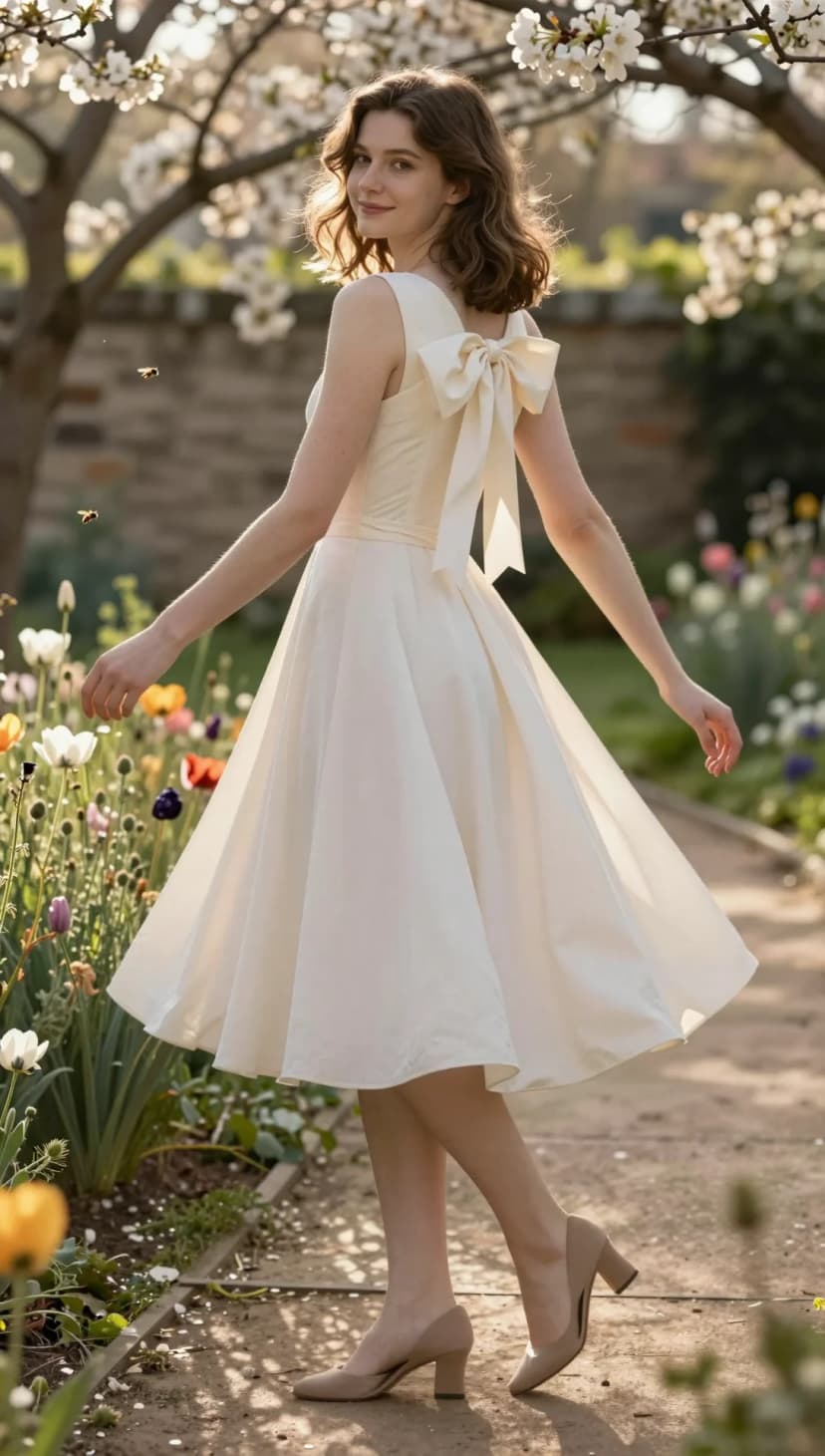 Cream Satin Bow Back Dress + Taupe Block Heel Pumps
