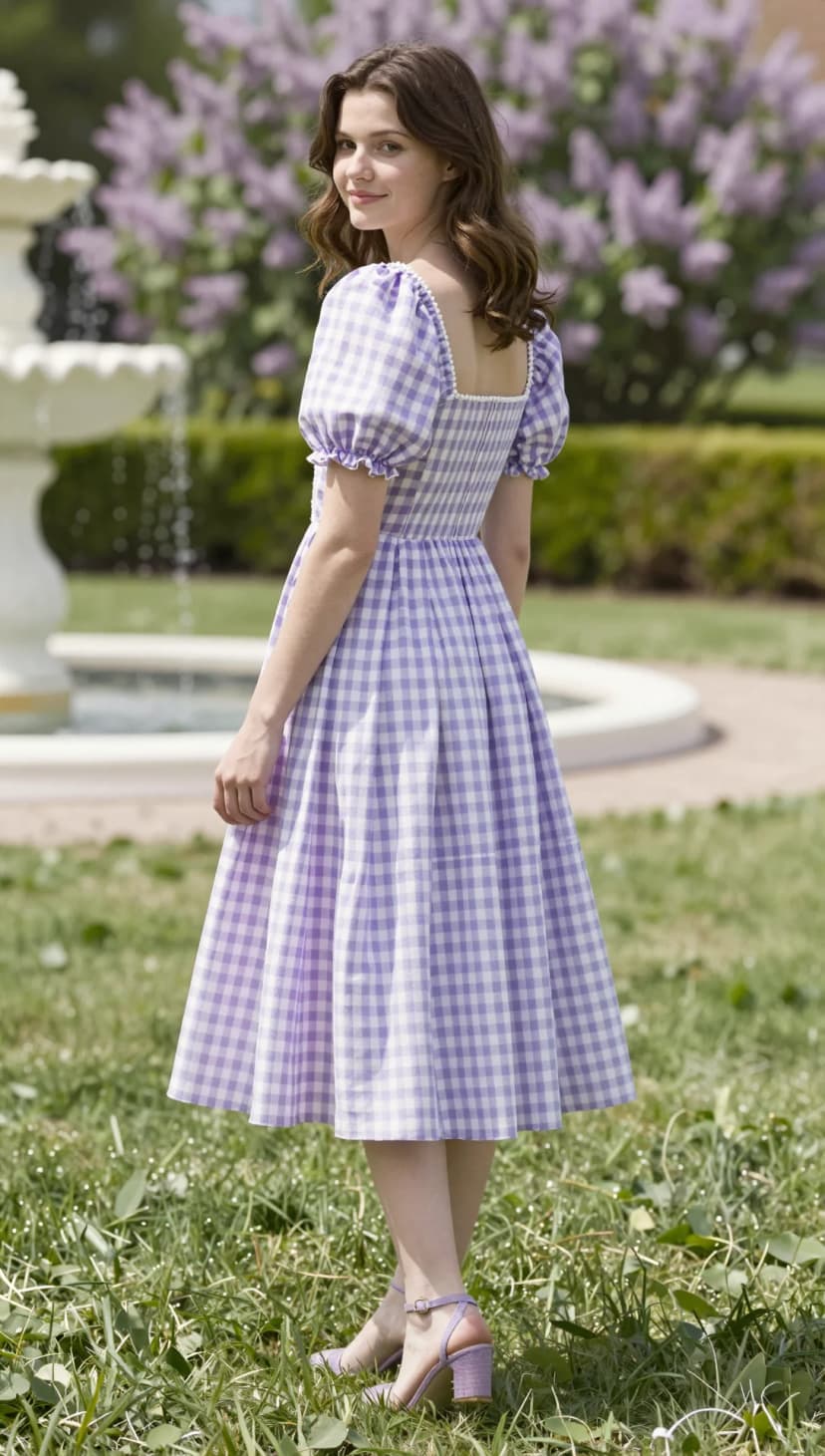 Purple Gingham Puff Sleeve Midi Dress + Lilac Block Heel Sandals
