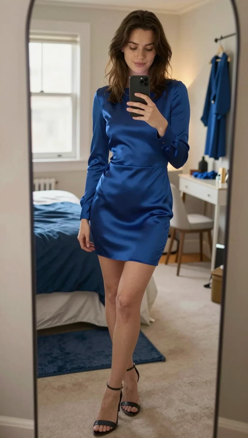 Royal Blue Satin Long Sleeve Mini Dress + Black Strappy Heels