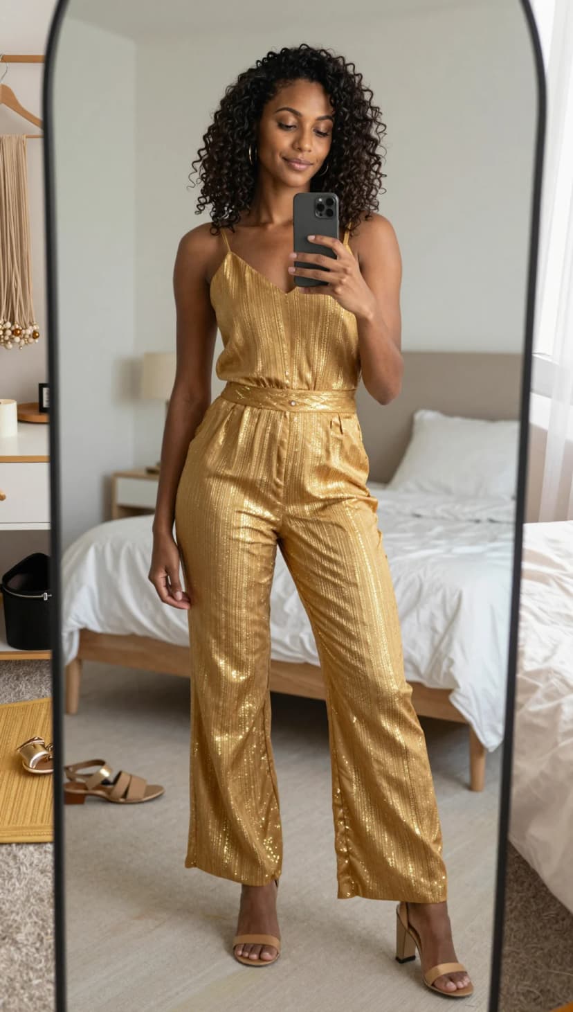 Gold Metallic Striped Camisole Jumpsuit + Tan Block Heel Sandals