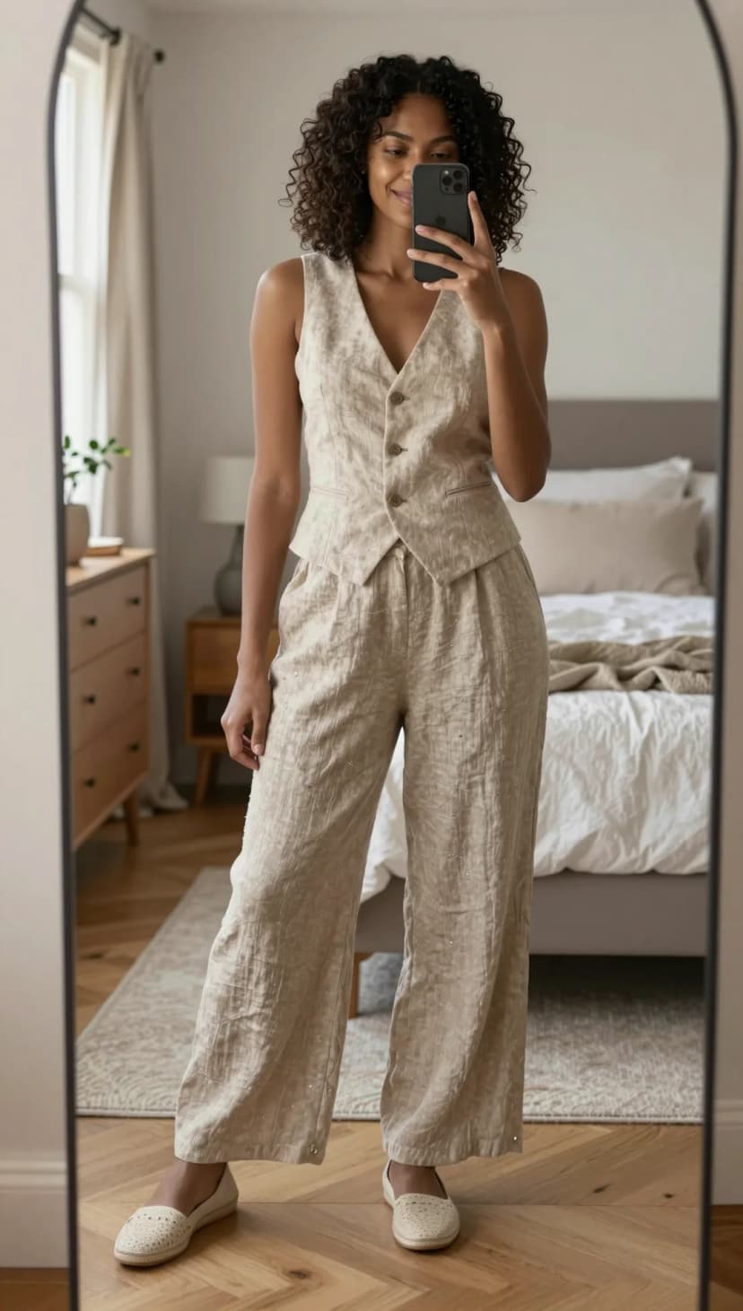 Cream Linen Vest + Cream Linen Trousers + Cream Perforated Loafers