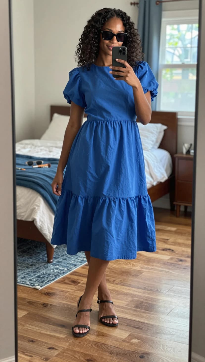 Royal Blue Cotton Puff Sleeve Dress + Black Strappy Sandals