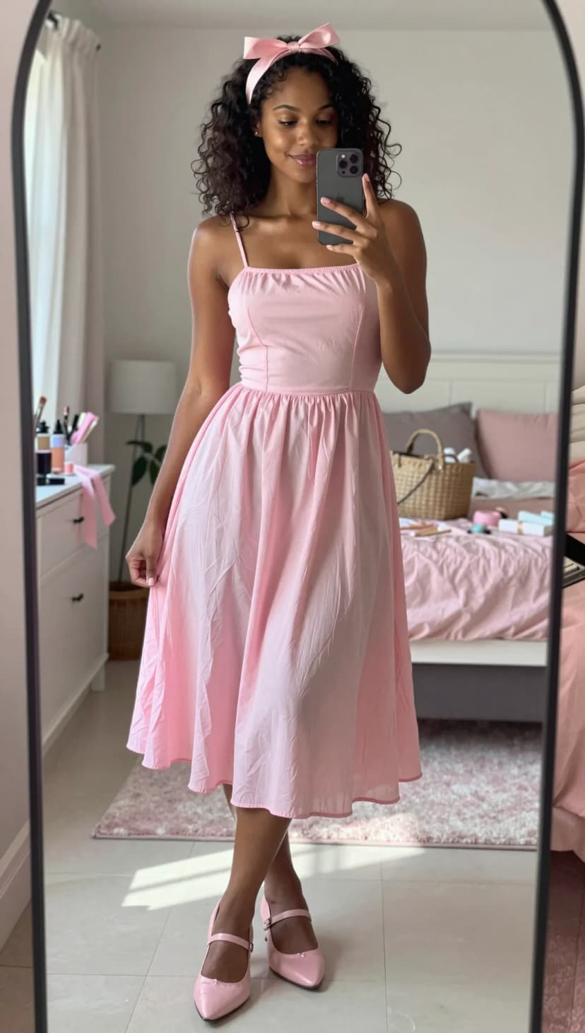 Pink Cotton Sundress + Pink Mary Jane Heels + Pink Satin Headband