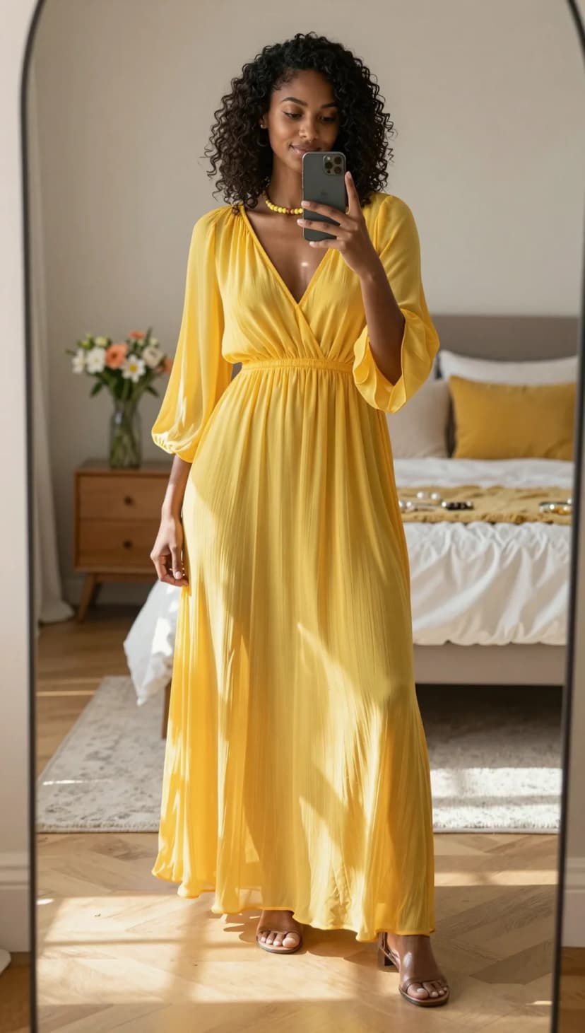 Yellow Chiffon Maxi Dress + Yellow Beaded Necklace + Brown Block Heel Sandals