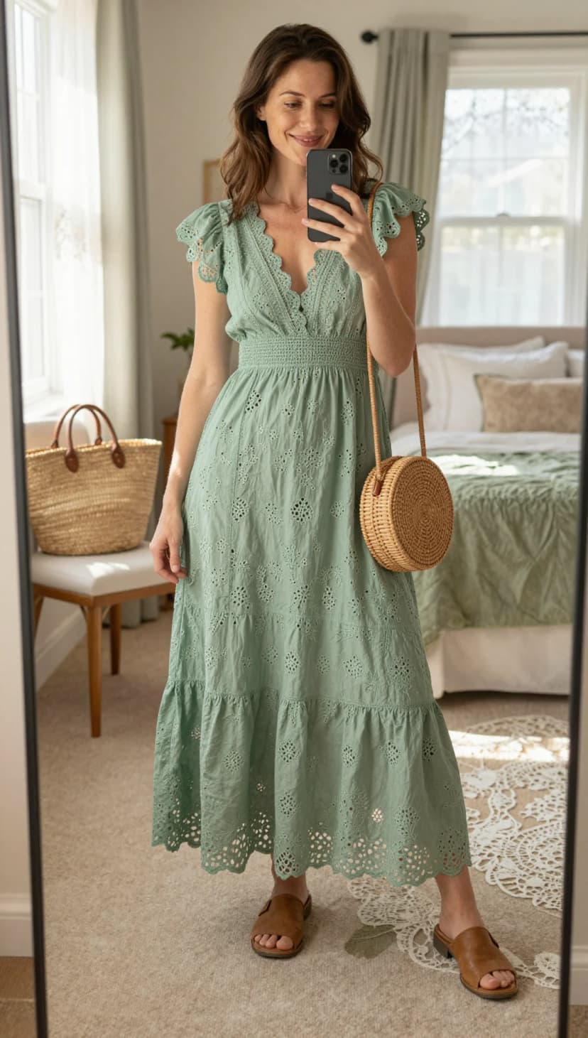 Sage Eyelet Cotton Midi Dress + Brown Leather Mules