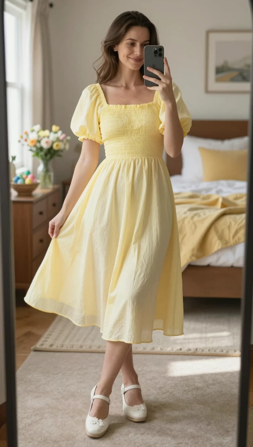 Yellow Cotton Smocked Midi Dress + White Floral Mary Janes