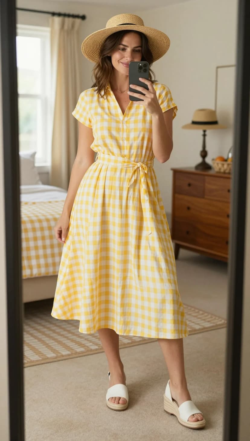 Yellow Gingham Cotton Midi Dress + White Espadrille Wedge Sandals + Straw Sun Hat