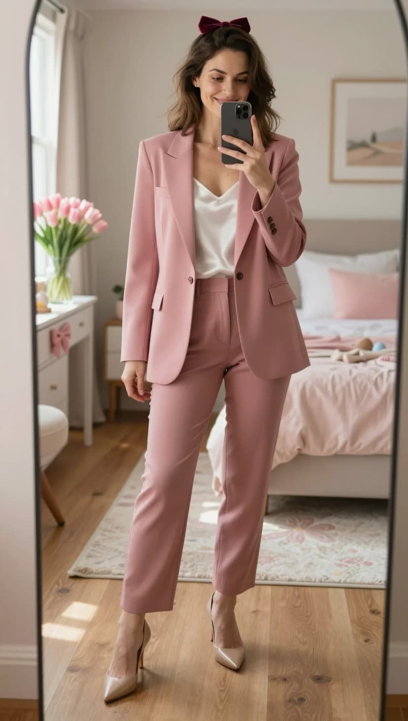Pink Wool Blazer + White Satin Camisole + Pink Wool Trousers + Nude Patent Leather Heels