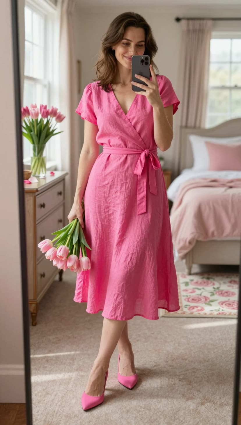 Hot Pink Linen Wrap Midi Dress + Hot Pink Suede Pointed Toe Heels
