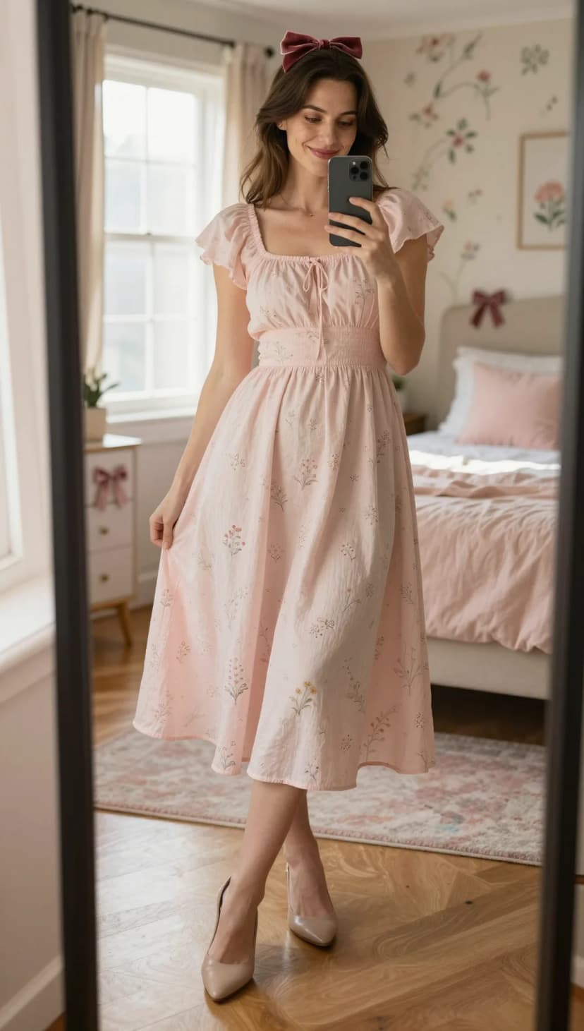 Pink Floral Cotton Midi Dress + Nude Leather Pointed-Toe Heels