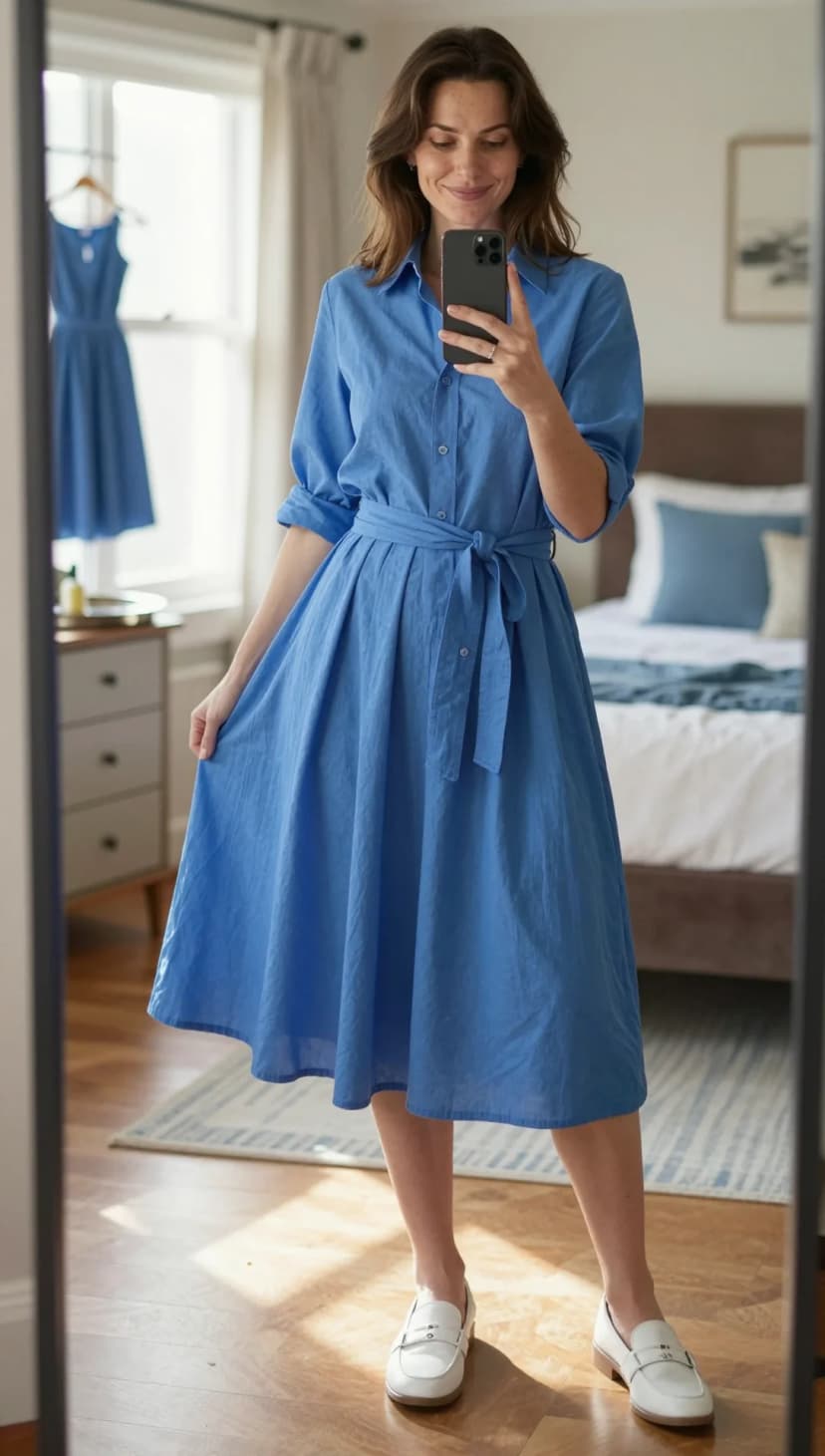 Cobalt Linen Shirt Dress + White Leather Loafers