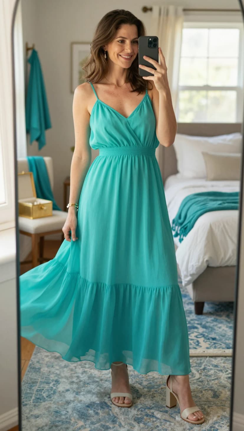 Teal Chiffon Maxi Dress + Cream Block Heel Sandals