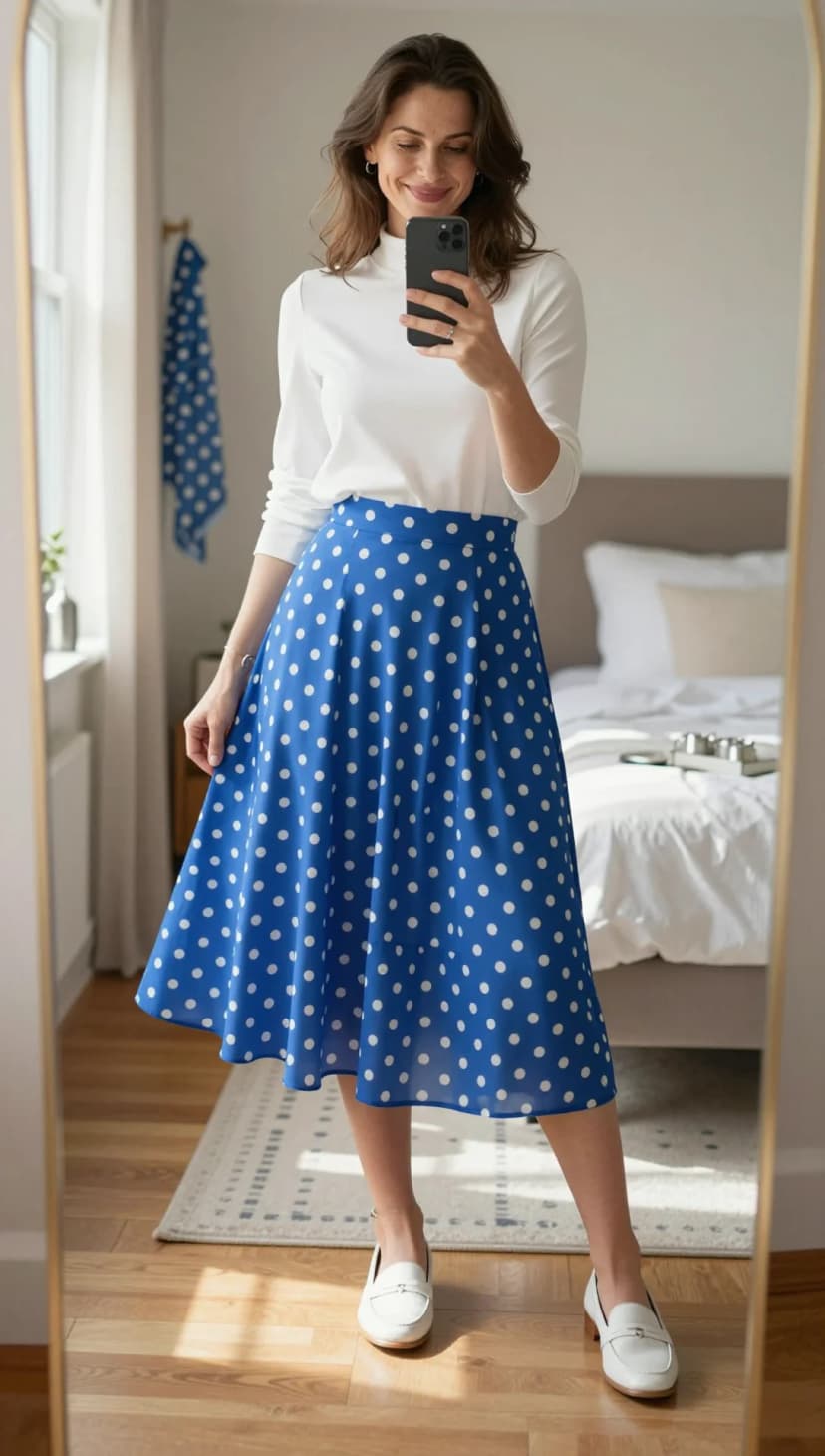 White Mock Neck Long Sleeve Top + Blue Polka Dot Midi Skirt + White Leather Loafers