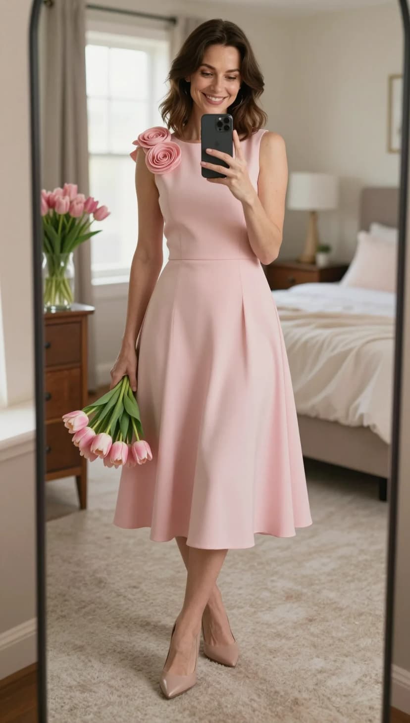 Pale Pink Rose Embellished Midi Dress + Nude Pointed Toe Heels