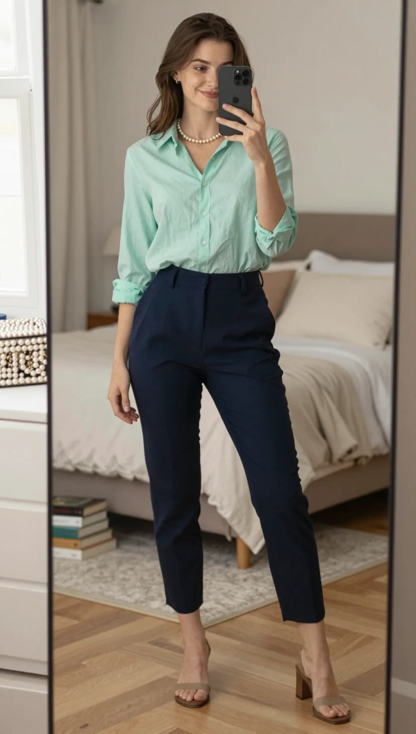 Mint Green Cotton Button-Down + Navy Blue Tailored Trousers + Nude Block Heel Sandals