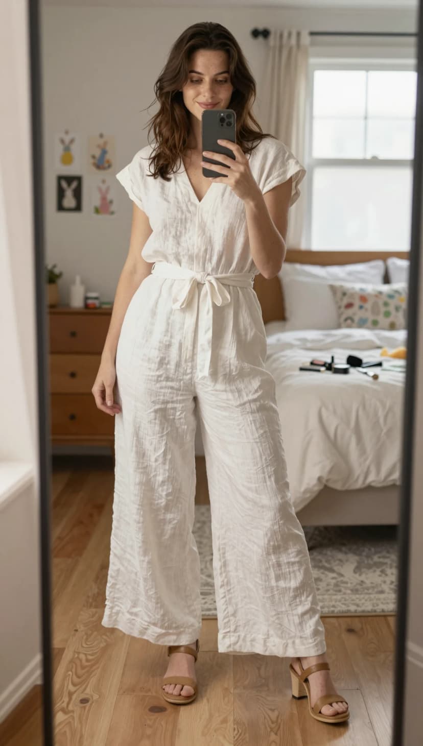 White Gauze Wide-Leg Jumpsuit + Tan Block Heel Sandals
