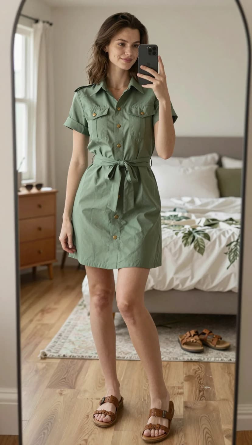 Olive Cotton Utility Dress + Brown Leather Slide Sandals