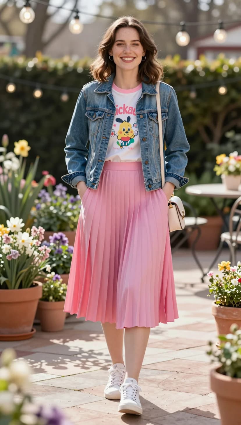 Blue Denim Jacket + White Graphic T-Shirt + Pink Pleated Midi Skirt + White Sneakers