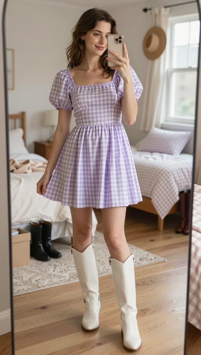 Lavender Gingham Puff Sleeve Mini Dress + White Cowboy Boots