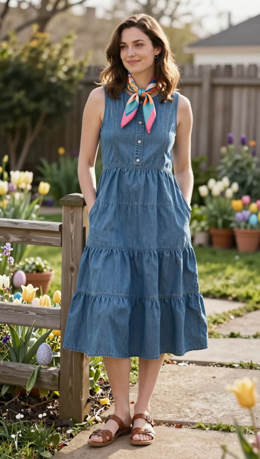 Blue Denim Tiered Midi Dress + Colorful Silk Scarf + Brown Leather Sandals