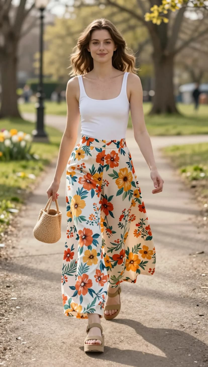 White Tank Top + Cream Floral Wide-Leg Pants + Tan Platform Sandals