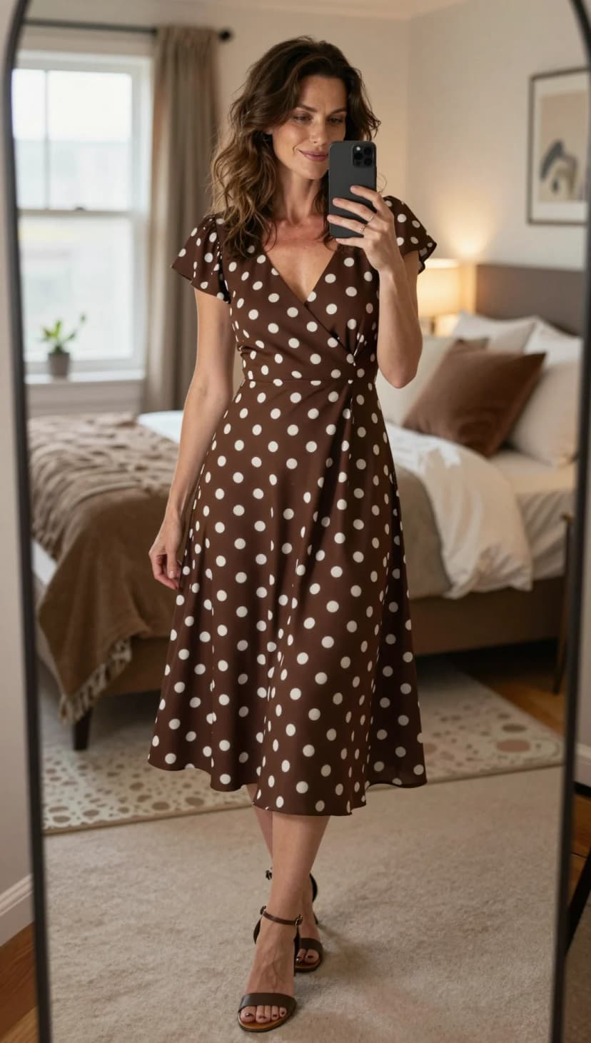 Brown Polka Dot Midi Dress + Brown Strappy Heels
