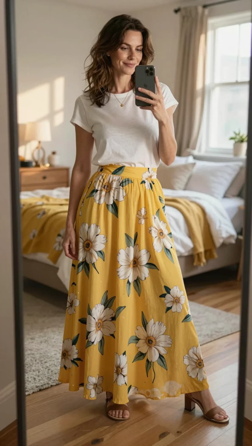 White Cotton T-Shirt + Yellow Floral Print Maxi Skirt + Brown Block Heel Sandals