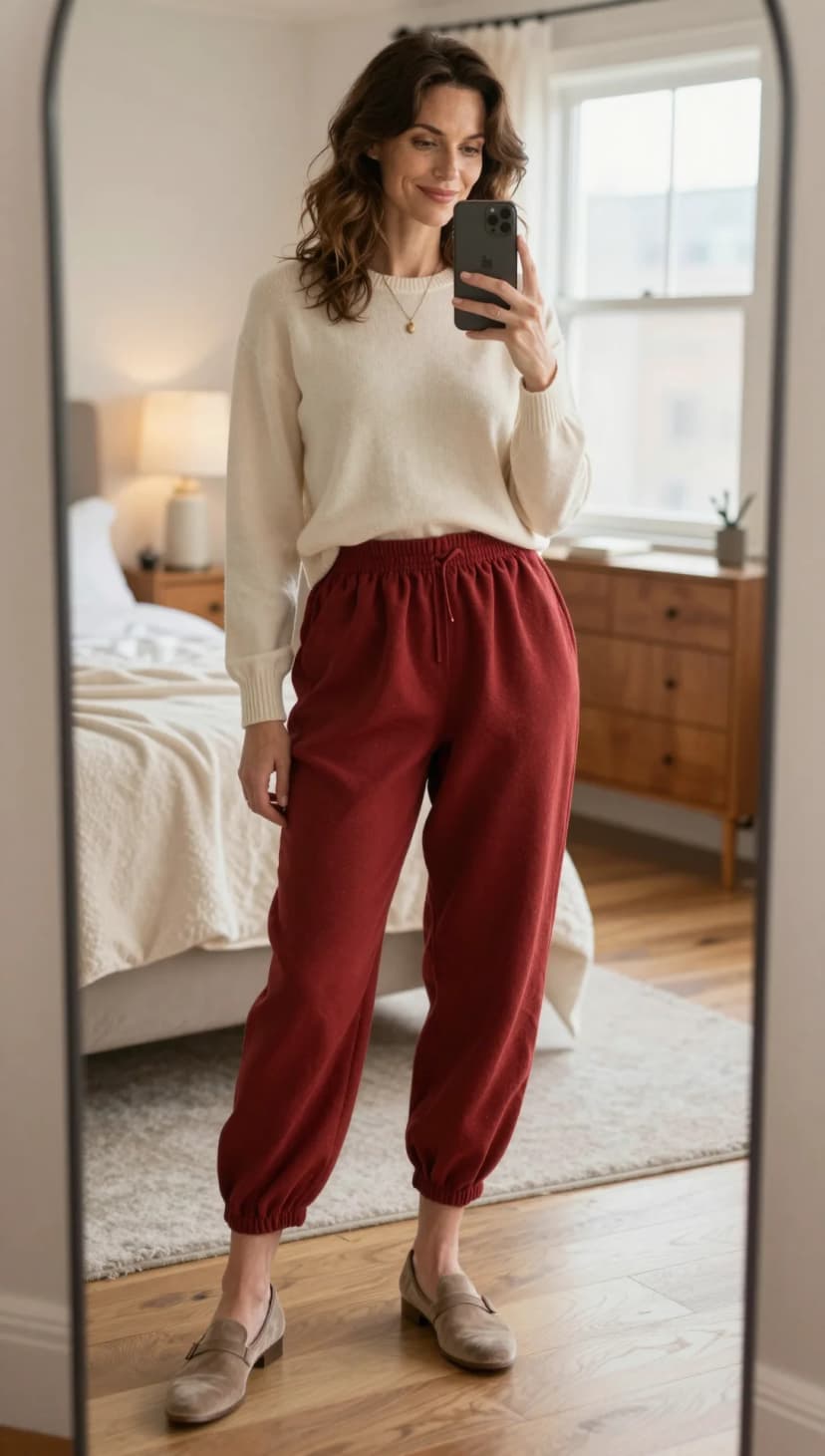 Cream Cashmere Sweater + Burgundy Sweatpants + Taupe Suede Loafers