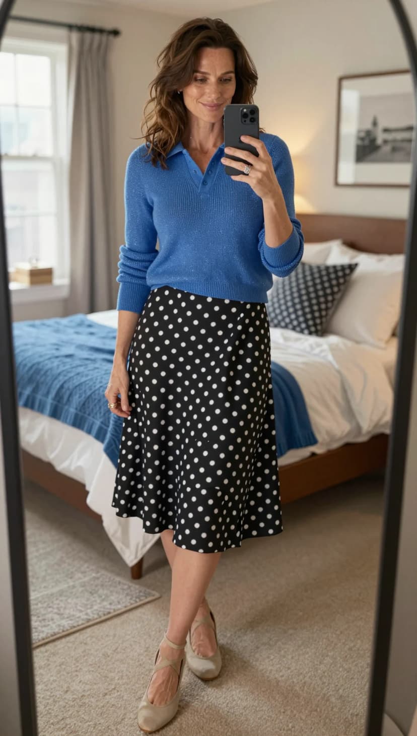 Blue Sparkle Knit Polo + Black White Polka Dot Midi Skirt + Taupe Strappy Heels