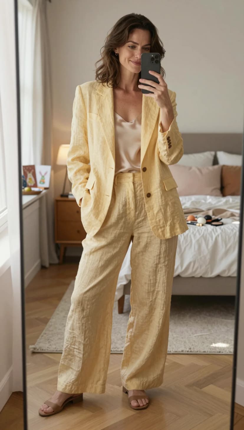 Yellow Linen Blazer + Champagne Satin Camisole + Beige Linen Trousers + Tan Slide Sandals