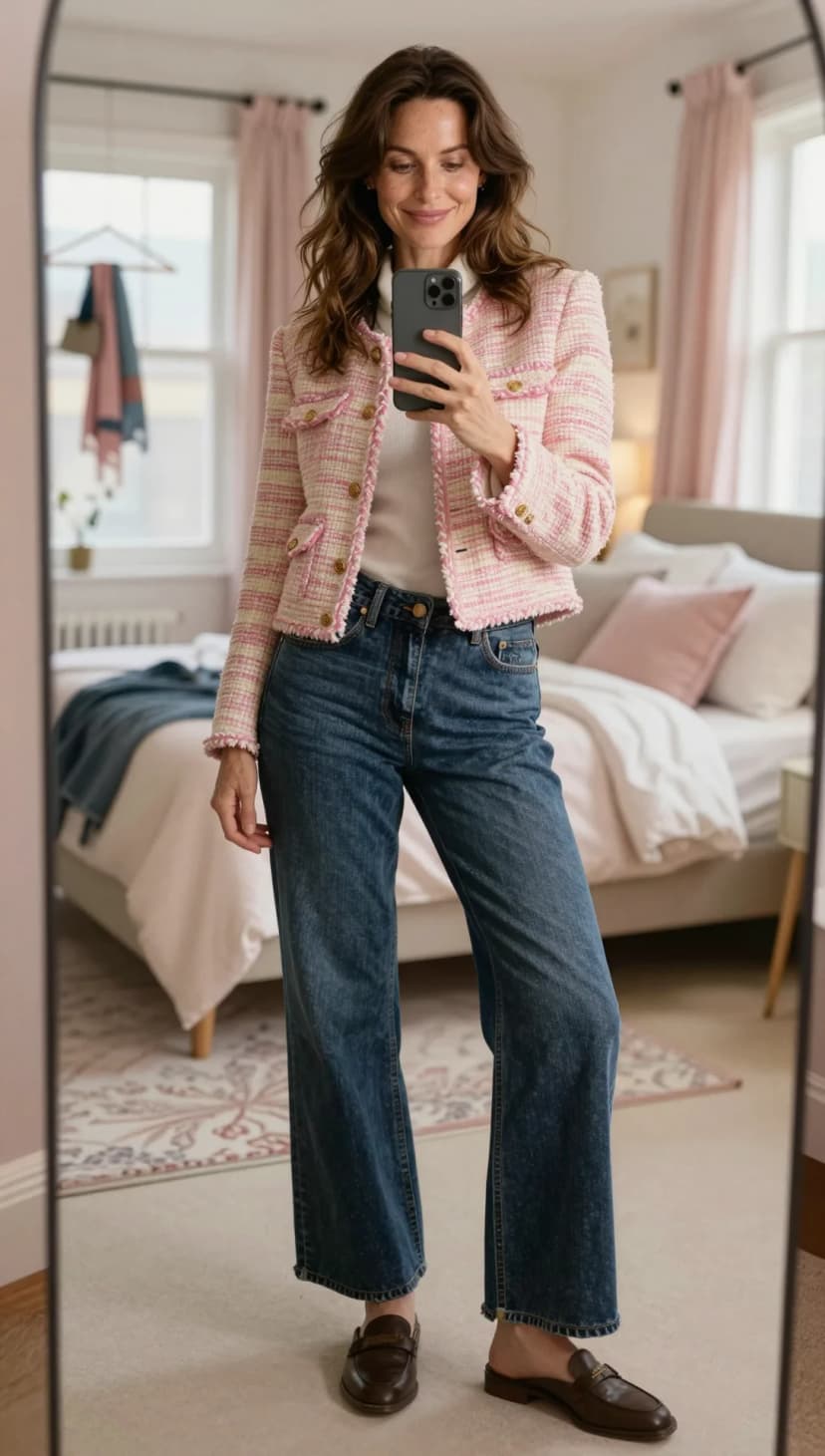 Pink Tweed Cropped Jacket + White Ribbed Turtleneck + Dark Wash Wide Leg Jeans + Brown Leather Mules