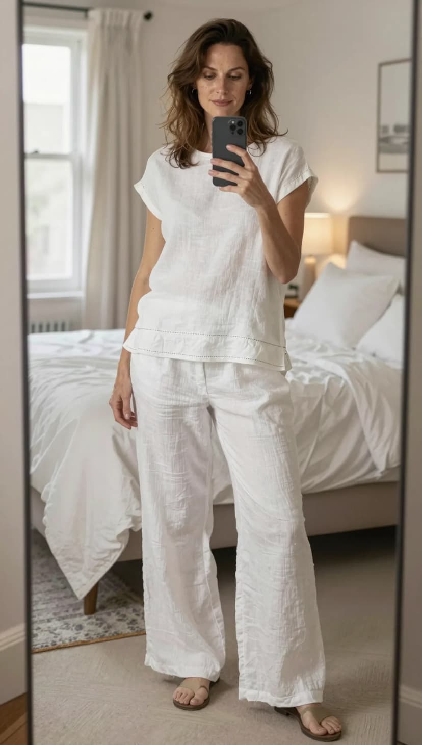 White Linen Top + White Linen Wide-Leg Pants + Brown Slide Sandals