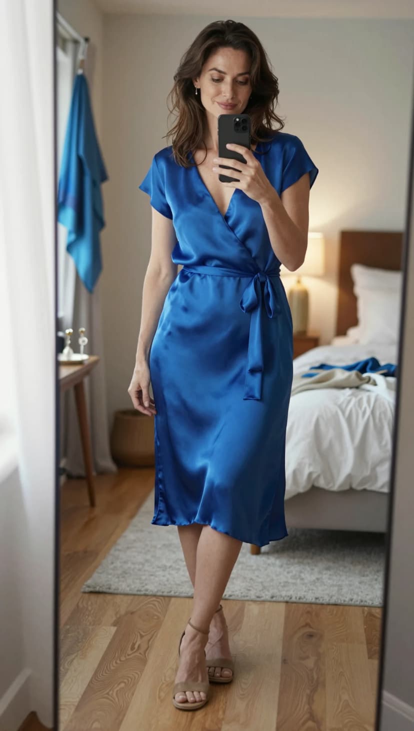 Cobalt Blue Silk Wrap Dress + Tan Suede Strappy Heels