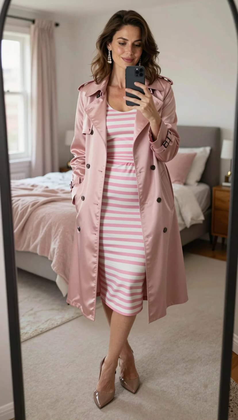 Pink Satin Trench Coat + Pink and White Striped Knit Dress + Taupe Patent Leather Heels