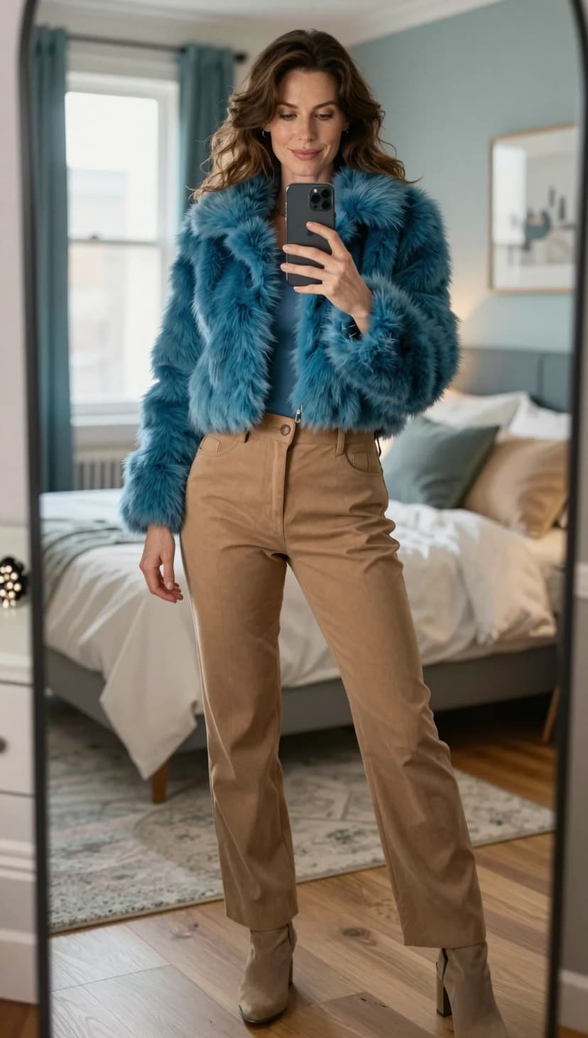 Blue Faux Fur Cropped Jacket + Tan Corduroy Trousers + Tan Suede Ankle Boots
