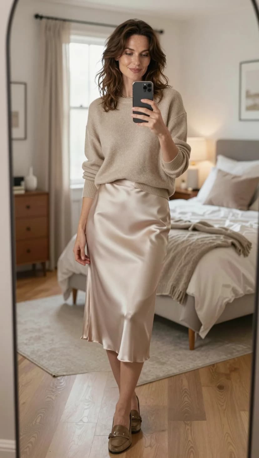 Beige Knit Sweater + Champagne Satin Midi Skirt + Taupe Loafers